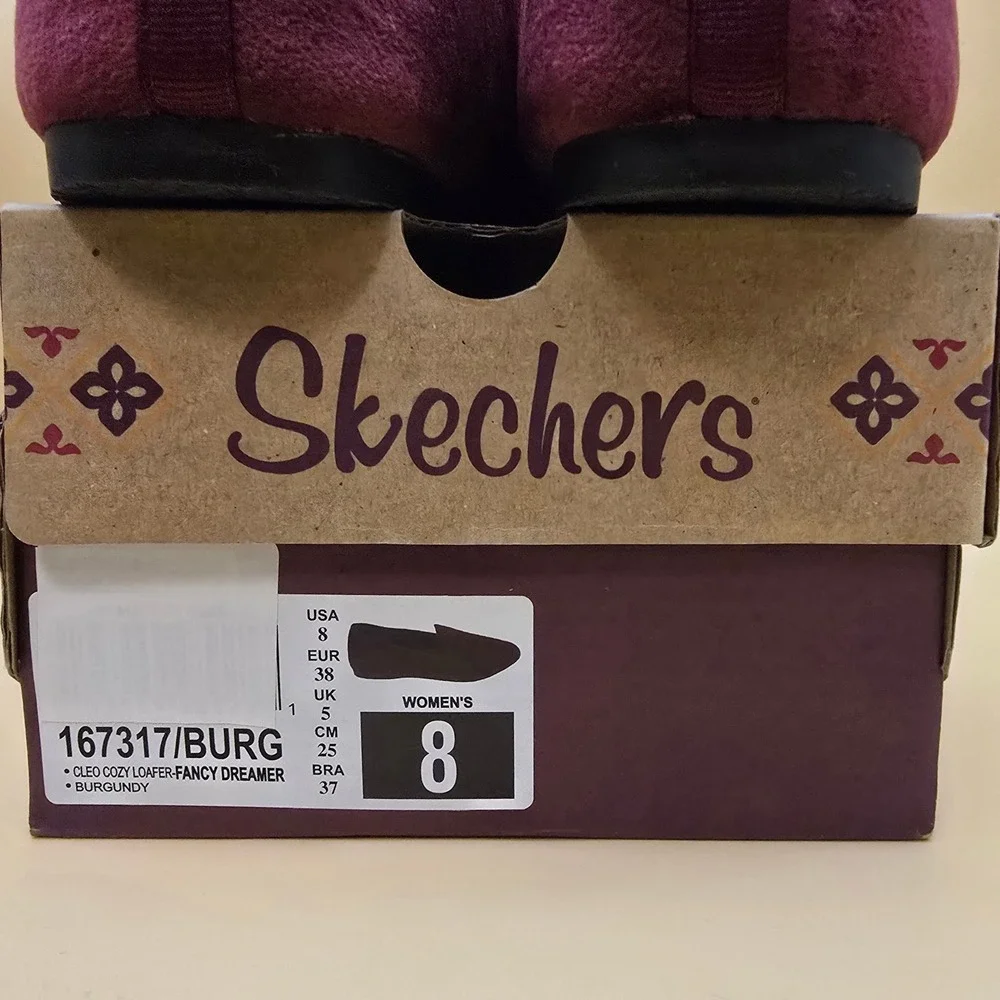 Skechers Cleo Cozy Loafer Fancy Dreamer Burgundy Faux Fur Flats Loafer Womens 8